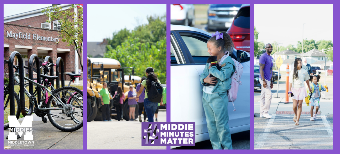 Four photographs of student transportation- car rider, buses lined up, bikes outside of school, students using crosswalk